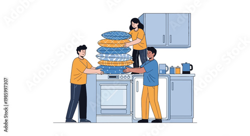 Family Cooking in Kitchen with Stacked Plates and Snacks