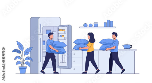 People Picking Up Laundry from Vending Machine in Modern Kitchen