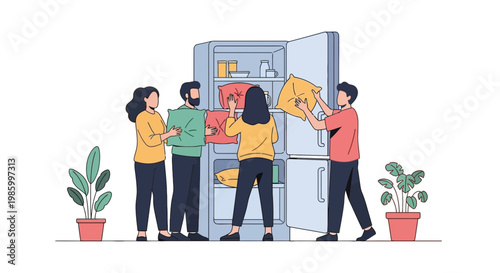 Group of People Organizing and Storing Items in Open Refrigerator