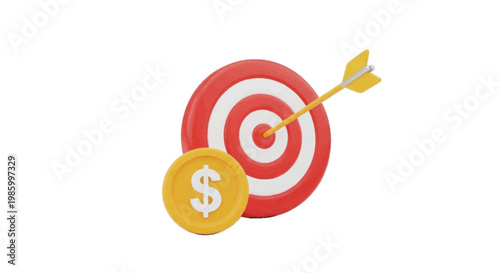Vector illustration of 3d rendering of a target with an arrow hitting the center and a coin on a transparent background