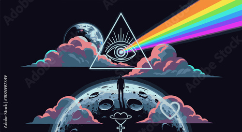 Cosmic traveler gazes at eye in pyramid, rainbow beam, moon, clouds