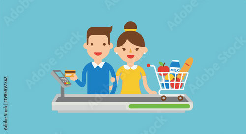 Couple at checkout with credit card and shopping cart of groceries