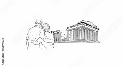 Couple embracing, admiring ancient temple ruins under a bright sky