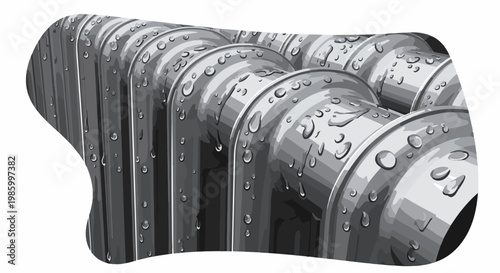 Close-up illustration of a silver radiator with water droplets