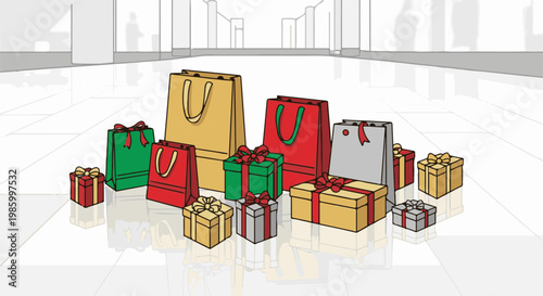 Colorful shopping bags and wrapped gifts reflect on a polished floor