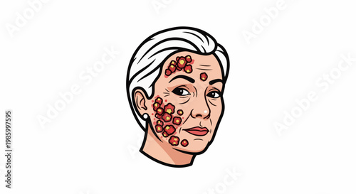 Close-up illustration of an elderly woman's face with skin lesions