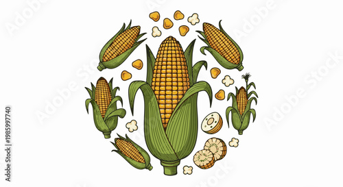Circular arrangement of corn ears, kernels, and popcorn