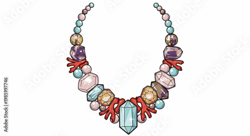 Colorful gemstone and pearl necklace with coral accents