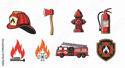 Collection of firefighter equipment and symbols, including a helmet, axe, hydrant, extinguisher, fire
