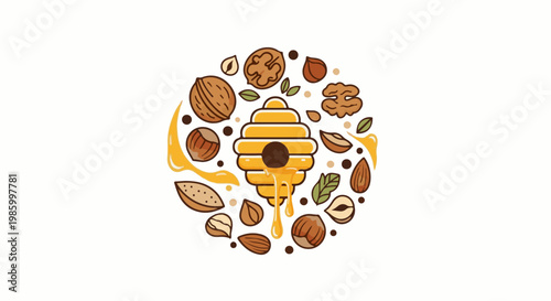 Circular arrangement of nuts, leaves, honey, and a bee hive