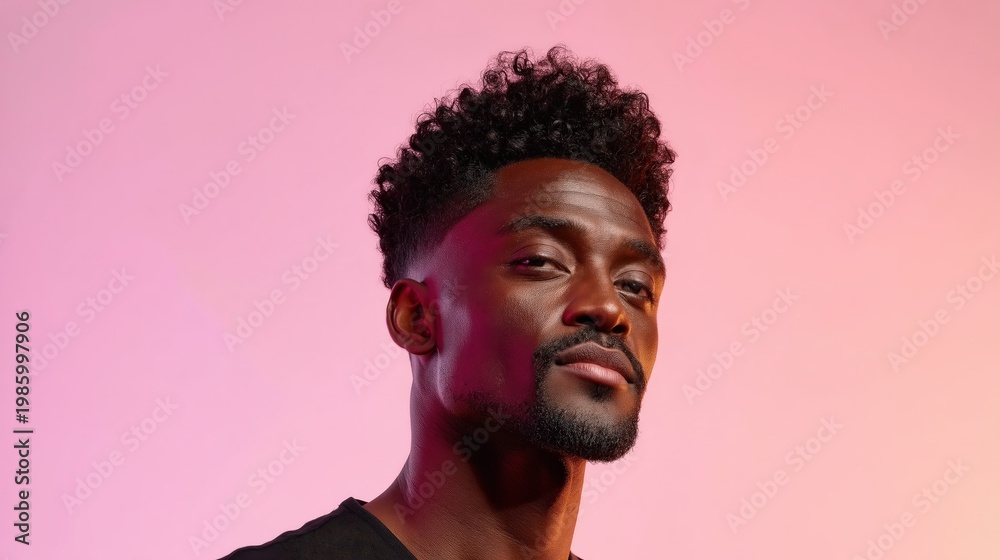 Fototapeta premium Portrait of a Stylish Young Black Man with Neon Pink Studio Lighting
