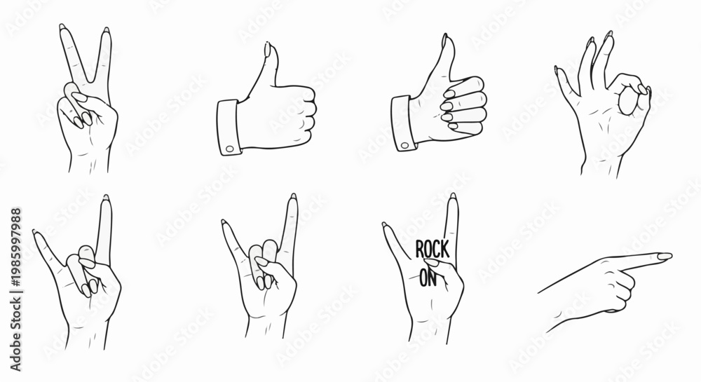 Fototapeta premium Collection of hand gestures including peace, thumbs up, okay, rock on and pointing