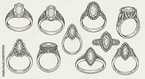 Collection of detailed vintage diamond engagement ring illustrations