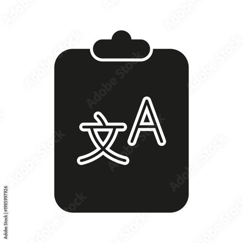 Clipboard With Language Translation Solid Icon. Multilingual Communication And Translation Services Silhouette Symbol. Language Learning And Interpretation. Isolated Vector Illustration