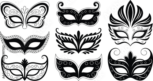 Set of seven different venetian masquerade ball carnival party masks designs  black and white