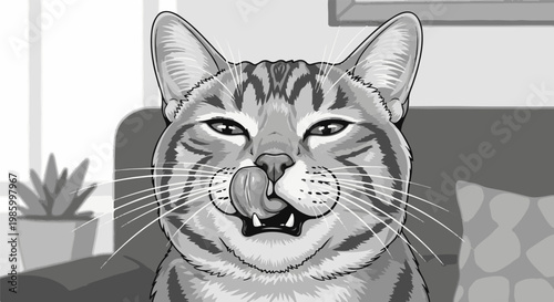 Close-up grayscale cartoon of a tabby cat licking its lips with its tongue