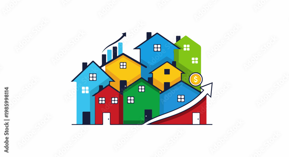 Fototapeta premium Colorful houses with rising graph and dollar coin symbolize real estate growth