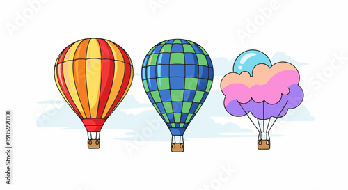 Colorful hot air balloons float against a cloudy sky