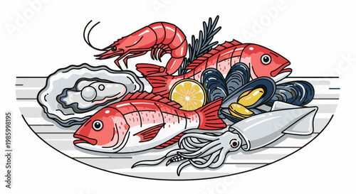 Colorful illustration of a seafood platter with fish, shrimp, mussels, and squid