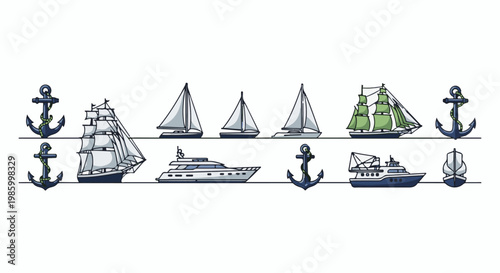 Collection of nautical vessels and anchors arranged horizontally on two rows
