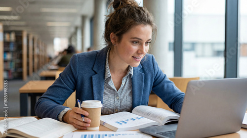 Young woman studying with laptop and coffee in library setting  