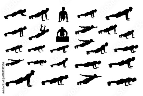 Man Doing Push-Ups Silhouette | Strong Fitness Workout vector set