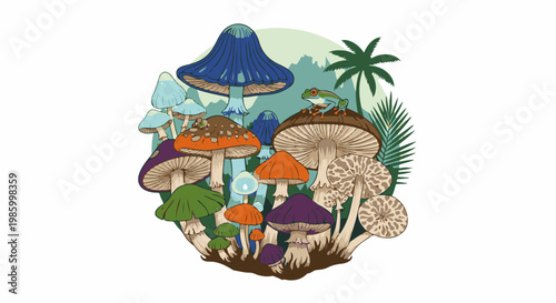 Colorful mushrooms of various sizes and shapes with a frog perched on top