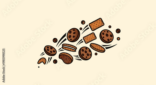 Collection of assorted cookies and cookie crumbs in motion