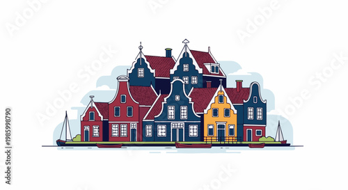 Colorful cartoon-style row of canal houses with boats and sails