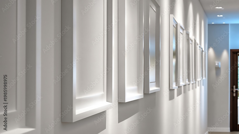 Fototapeta premium Minimalist White Corridor with Blank Picture Frame Mockups
