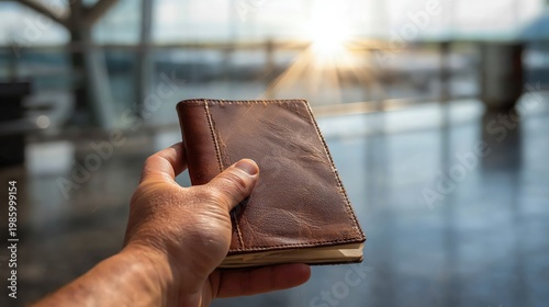 Person Holding Brown Leather Passport Cover at Airport Terminal