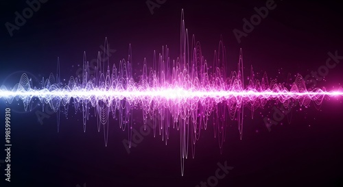 Abstract Digital Sound Wave Visualization with Neon Purple Glow, Audio Frequency Spectrum Background, Futuristic Music Technology Concept, Dynamic Waveform Energy Lines for Sound Design and Signal Pro