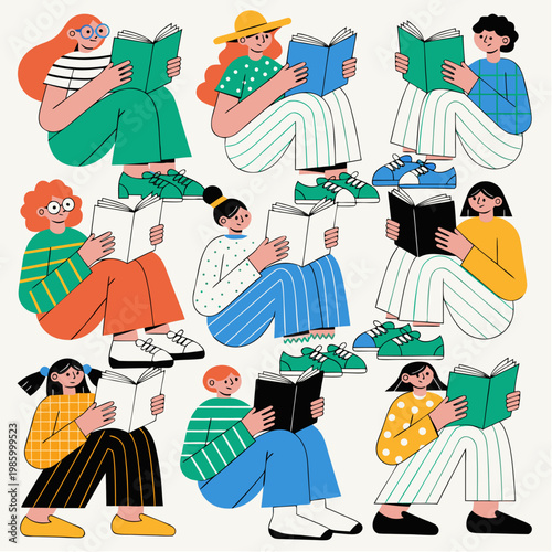 People sitting reading books together in a colorful flat illustration