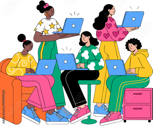 Five people using laptops on furniture in casual indoor setting