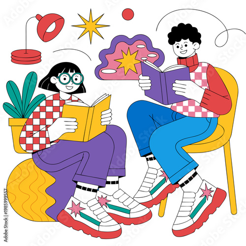 Two people sitting reading books in a colorful illustration with thought bubbles