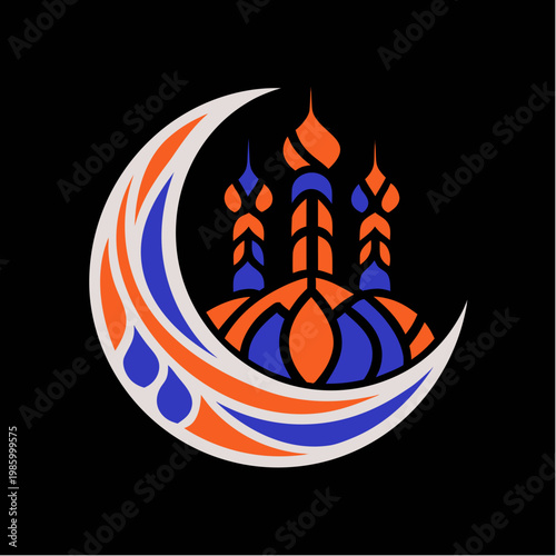 A vibrant illustration of a cyber-security shield protecting a mosque on a crescent moon