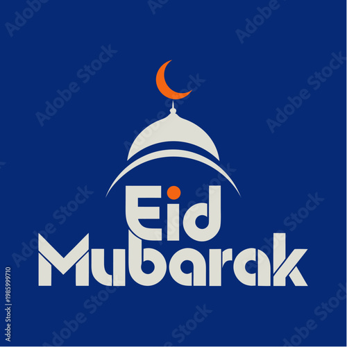 Eid Mubarak celebration with mosque illustration and crescent moon symbol