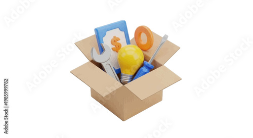 Vector illustration of cardboard box with tools, lightbulb, and money symbol on a transparent background