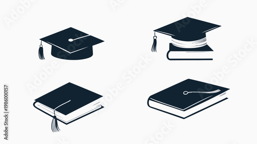 Four black illustrations showcasing a graduate cap or mortarboard and books, arranged on a white background