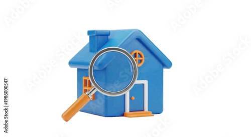 Vector illustration of blue house with magnifying glass on a transparent background