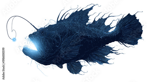Silhouette of an Anglerfish with Glowing Lure Side View in Deep Sea Illustration