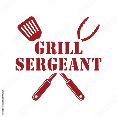 Grill Sergeant vector illustration with barbecue tools, spatula, tongs, and stencil text design