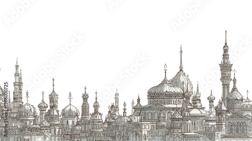 Silhouette of an Old Town Skyline with Domes and Spires in Historic Architectural Scene