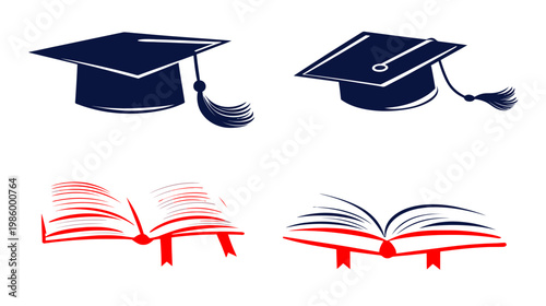 Four illustrations on a white background mortarboards with tassels and open books with bookmarks