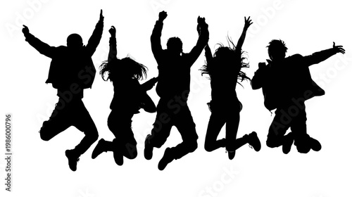 Silhouette of Friends Jumping in the Air with Joy Celebrating in Dynamic Group Pose