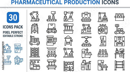 Pharmaceutical production factory and medical manufacturing line vector icons
