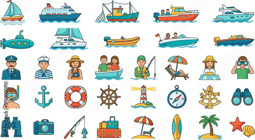 Nautical boating fishing and maritime travel flat color vector icons
