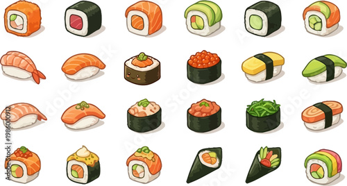 Sushi rolls japanese cuisine and asian food flat color vector icons