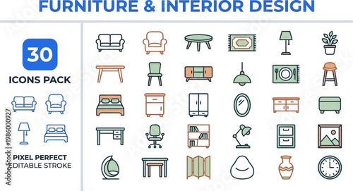 Interior design living room furniture and workspace color vector icons