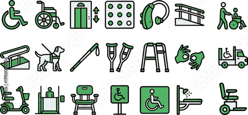 Disability universal access and physical rehabilitation green line vector icons